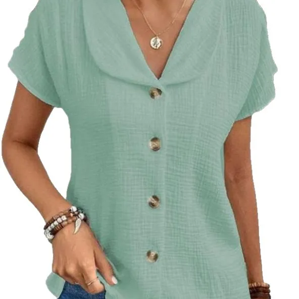 

Amazon 2025 Summer New Cross-border Solid Color Short-sleeved Cardigan Button Women's Top Cw9274