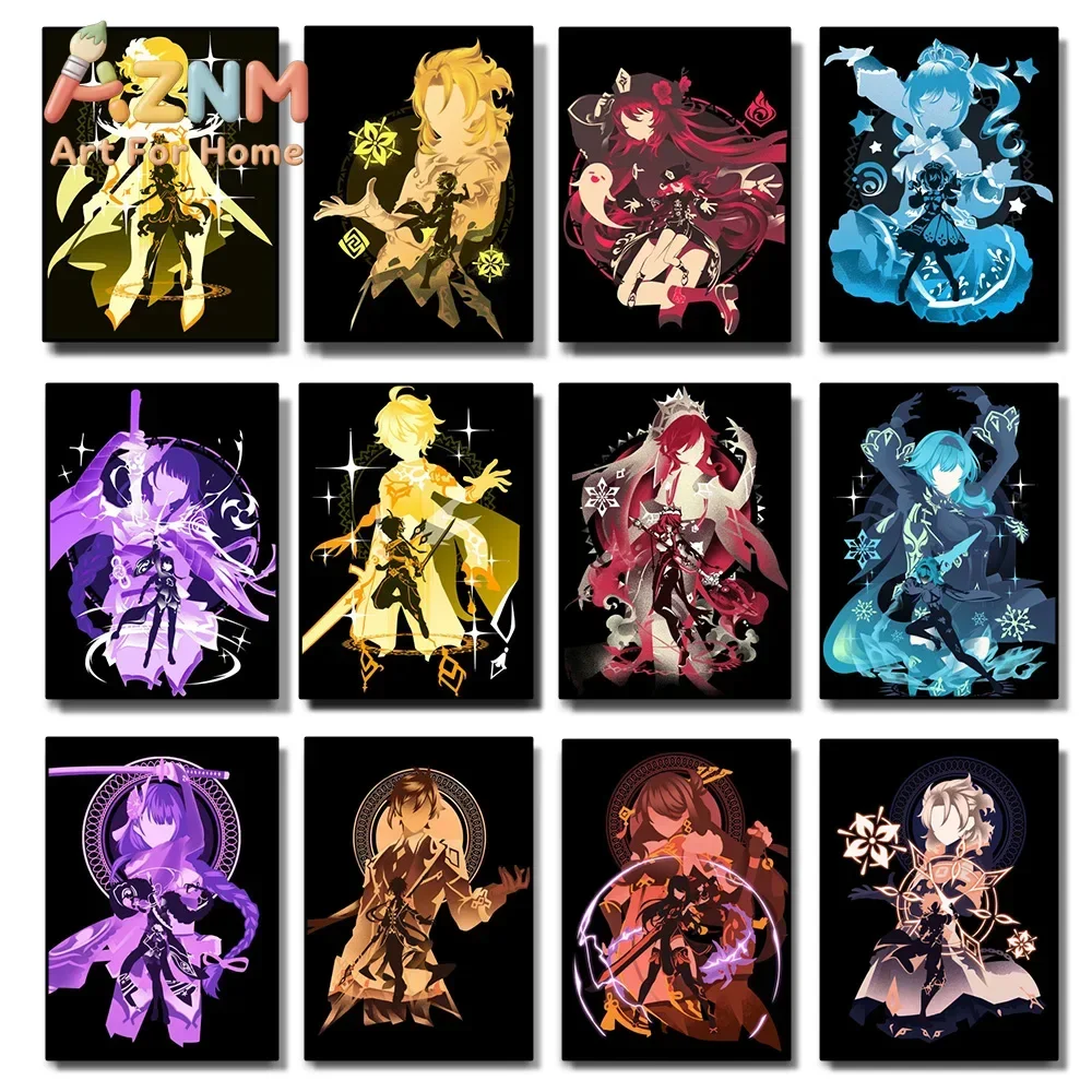 AZNM Genshin Impact Canvas Wall Art Anime Character Silhouette Colorful Game Frameless Print Poster for Bedroom Home Decor