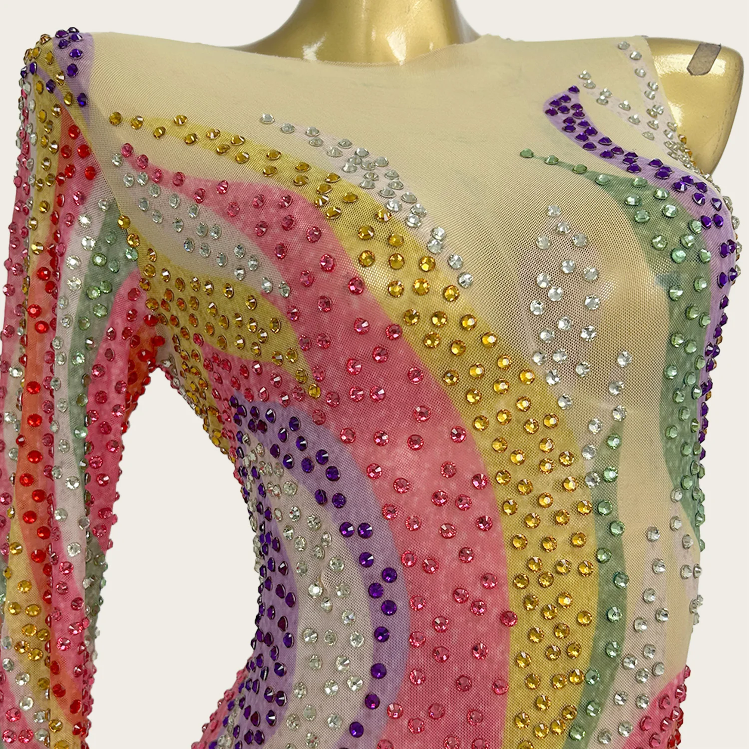 

Designer Sparkly Colorful Rhinestone Long Dress High Side Slits Evening Dress Night Club Party Stage Performance Wear Caihong