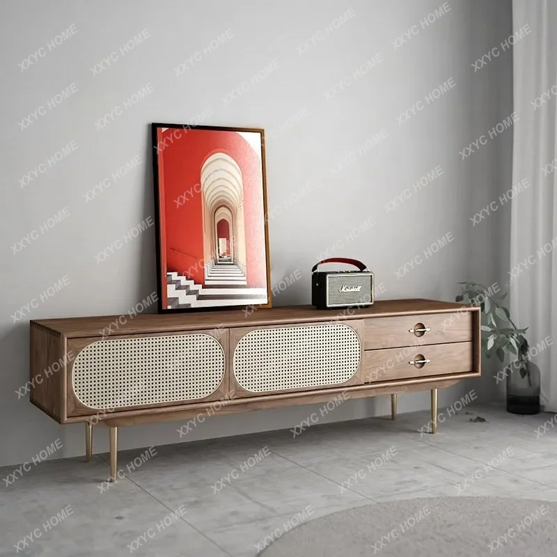XXBlack walnut solid wood, rattan TV cabinet modern, simple, home furnished floor cabinet