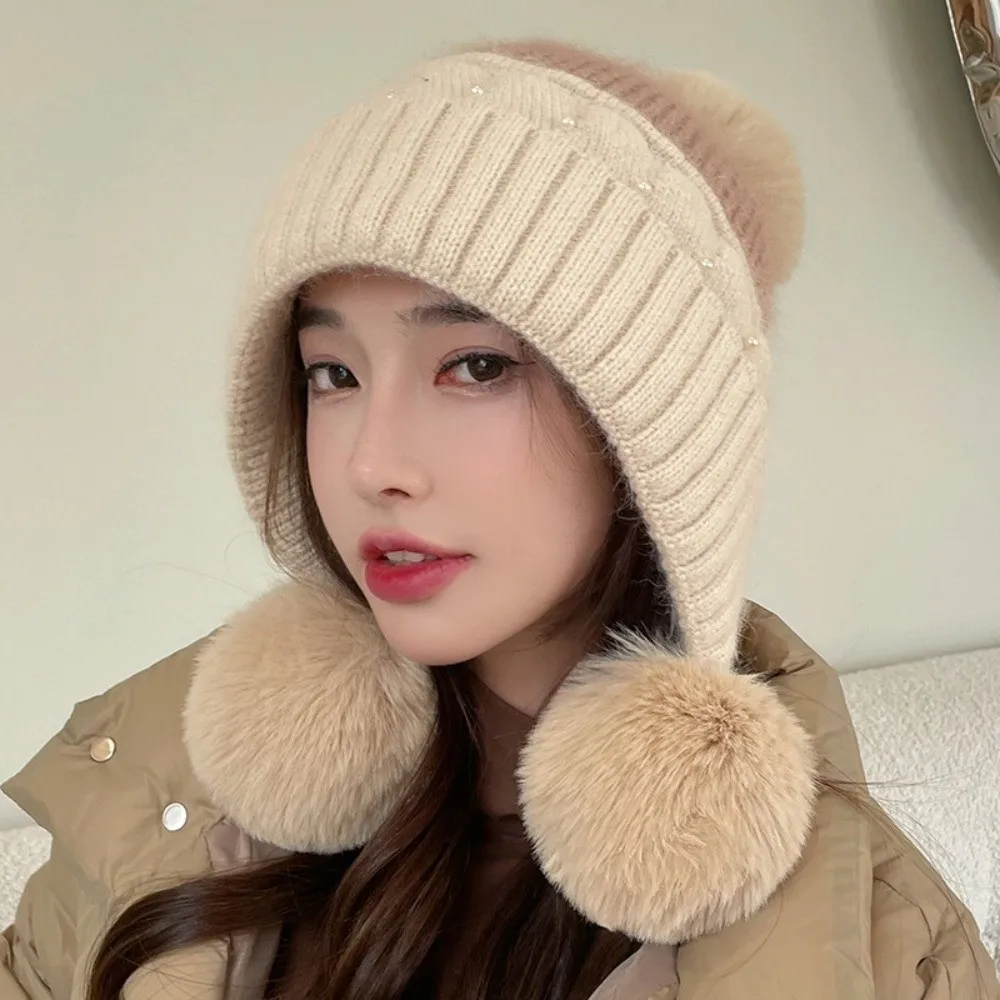

Sweet Solid Color Woolen Knitted Cap Knitted Cold-proof Plush Beanie Hat Windproof Plush Ball Ear Protection Hat Outdoors