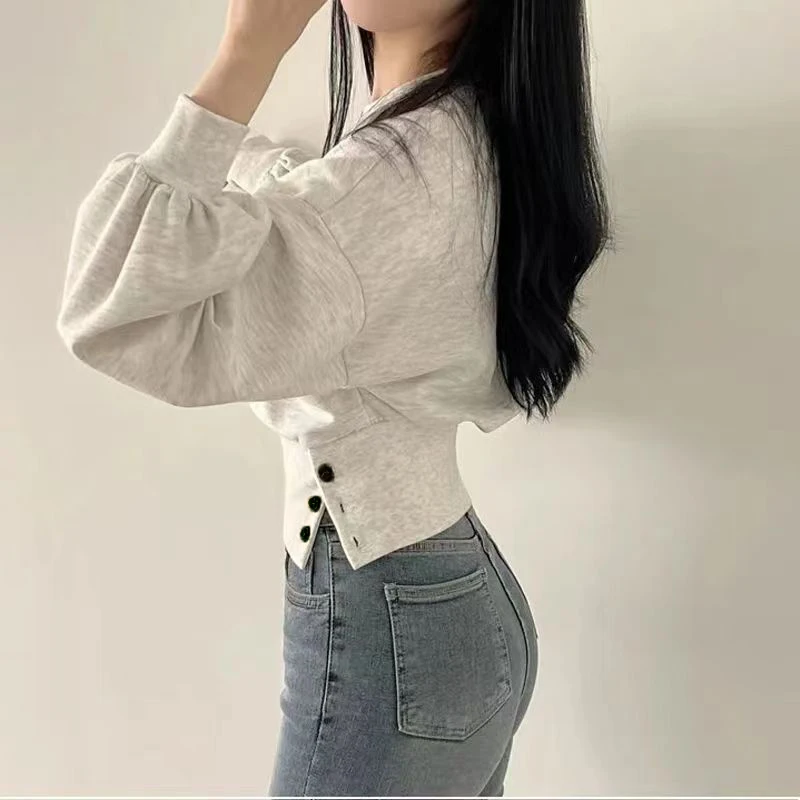 Autumn Women Solid O-Neck Slim Crop Top Lantern Sleeve With Button  Sweat Casual Hip-Hop Sporty Pullover Sweet Chic Street Wear