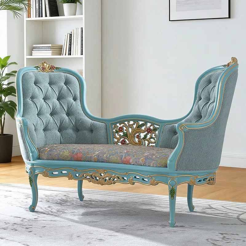 #French Style Retro Chaise Longue European Style Villa Furniture Bedroom Bed End Stool Fabric Casual Single Chair
