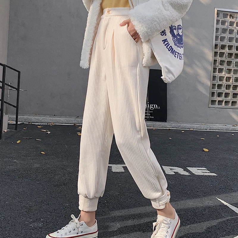 Vintage Corduroy Pants Women Autumn Winter New Streetwear Zipper Harem Pants Korean Casual High Waiste Chic Trousers Female