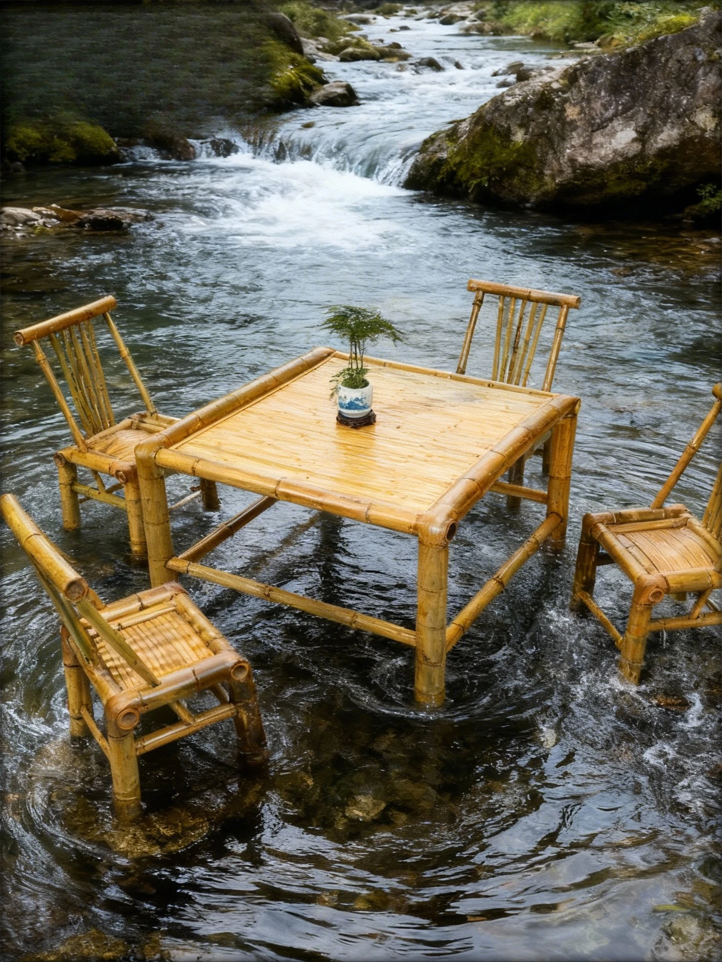 Mesa e cadeira de bambu para pátio externo, combinação de lareira, chá, cadeira de bambu, panela quente, mesa de bambu retangular