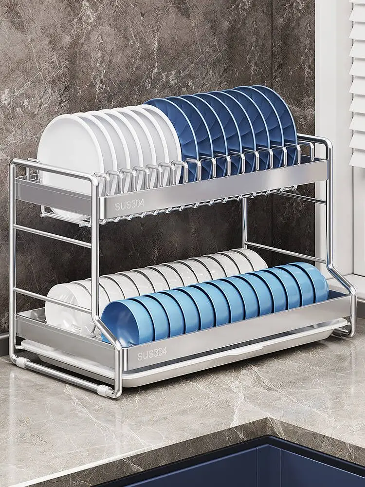 

304 Stainl Steel Kitchen Storage Ra Di Drainer Multi-Function Bowl Plate Holder Nordic Sle Tee Layers No Drilling