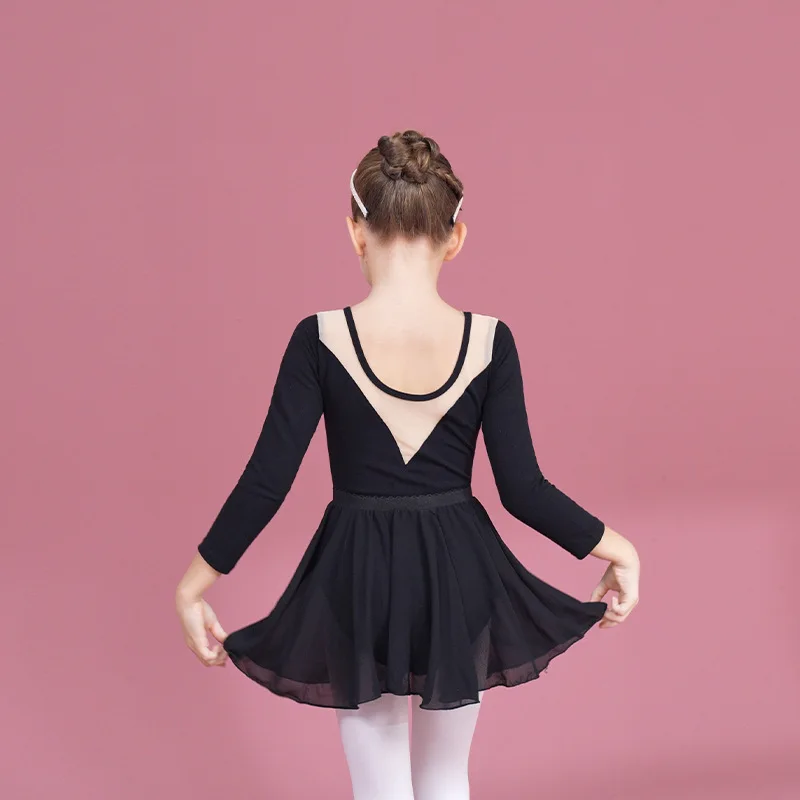 키즈 소녀 체조 레오타드 Bailarina Dancewear 의상 전면 및 후면 V 자형 탄성 메쉬 댄스 발레 어린이 공연