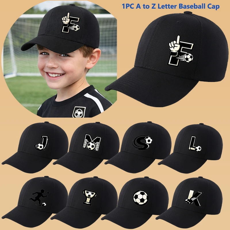 

Sporty Soccer Letter Full Print Kids Baseball Cap, A-Z Custom Initial Football Graphic Adjustable Kids Sports Outdoor Sun Hat