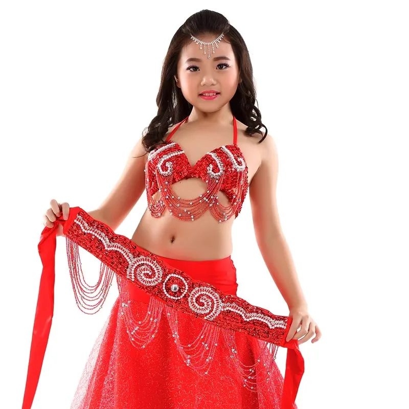 Customized Belly Dance Costumes Suit High End Pearl Embroidery Performance Dress for Children Set Mesh Skirt Belt Bra 3 Pcs