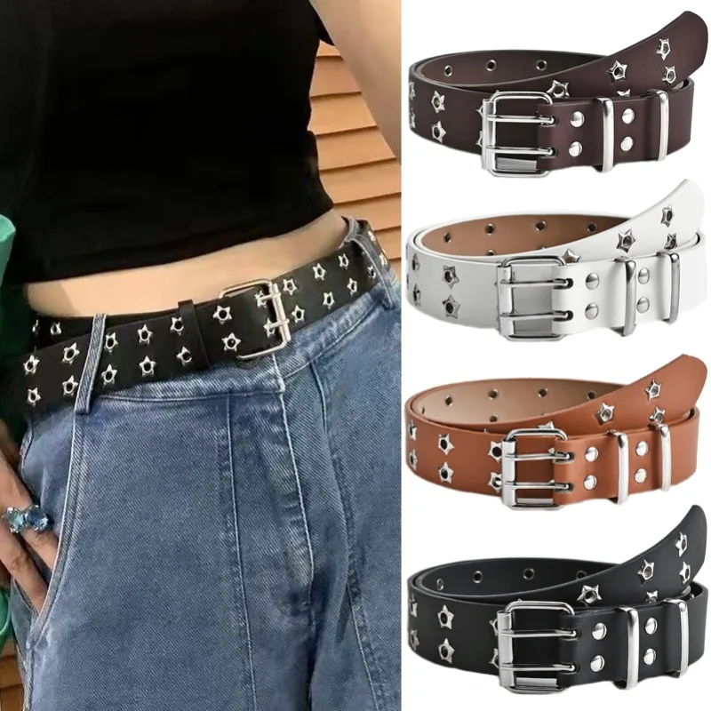 Waist Belt Y2K Punk Rivet Leather Belts Women Men Star PU Black White Waist Strap Double Row Hollow Jeans Skirt Decoration Gifts