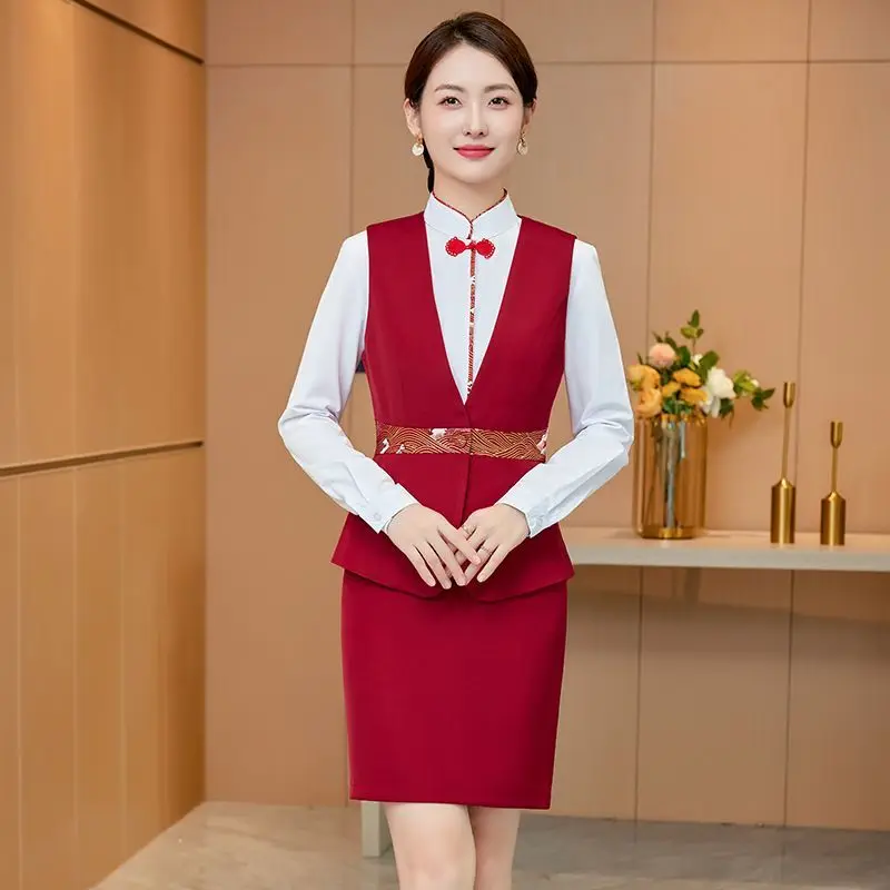 Professional Vest Set Women 2024 New Spring Autumn Beauty Salon Work Clothes Hotel Restaurant Waiter Flight Attendant Uniform