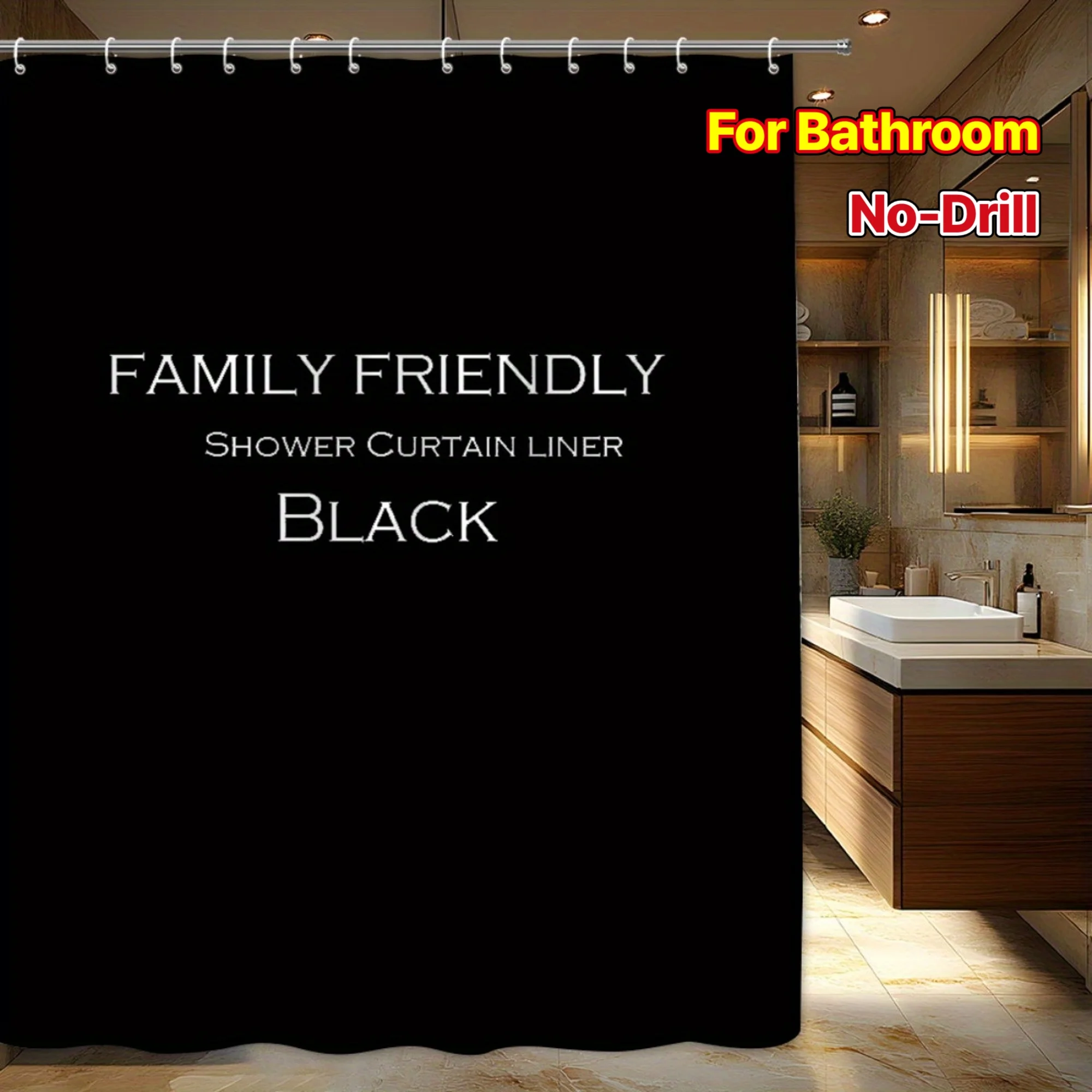

Waterproof Black Shower Curtain Liner for Bathroom No Drill Easy Install Anti Mold Bath Screen Modern Style Family Use