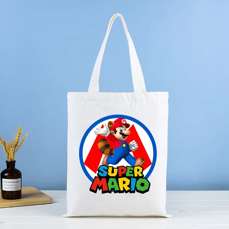 Super Mario Canva Cartoon Tote Bags Folding Eco Cotton Tote Bag Youth School Shopping Reusable White Print Pattern Shoulder Pack