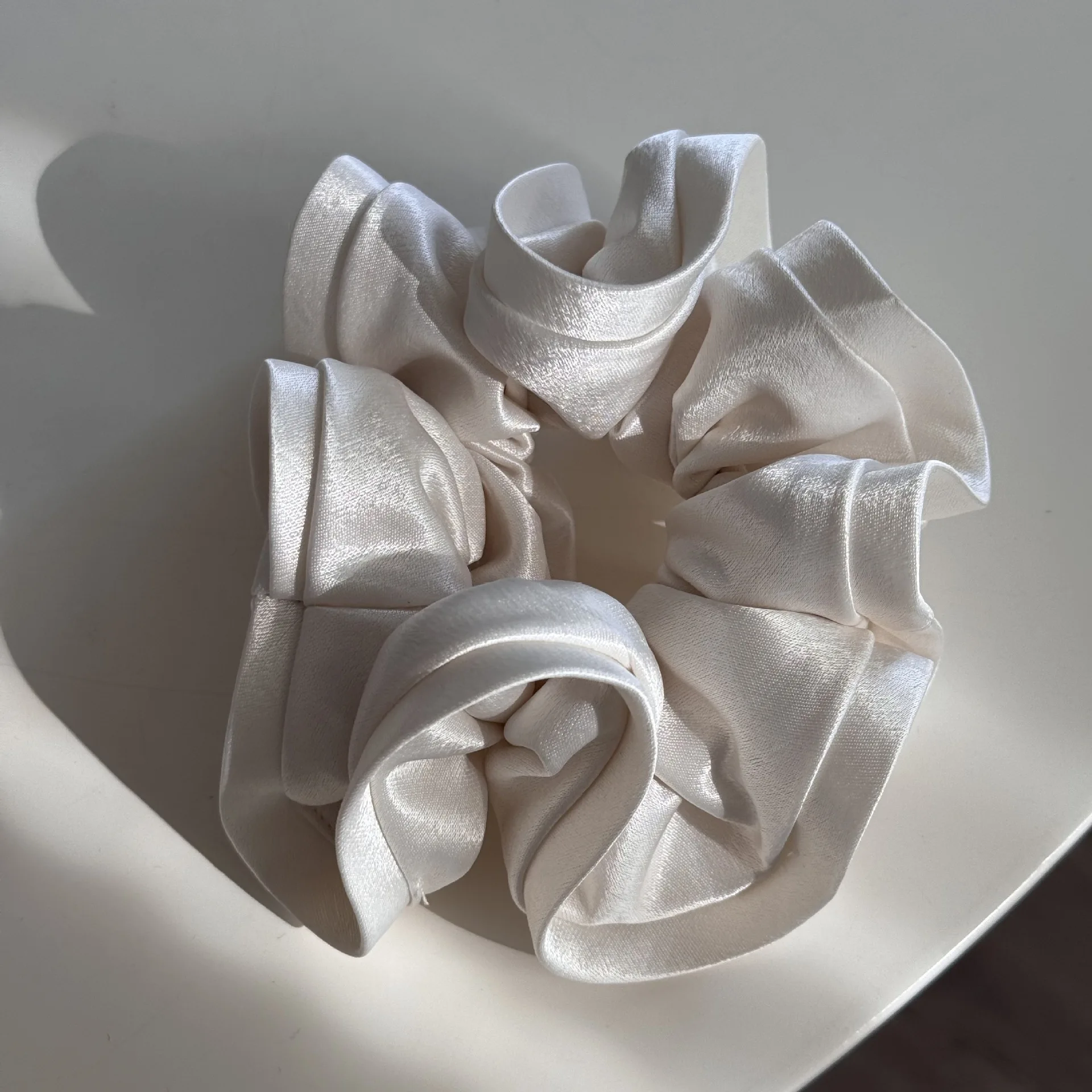 Scrunchie Pearlescent Satin Ruffled Edge Soft Fabric Hair Tie for Women Korean Elegant Ponytail Office Travel Home Premium