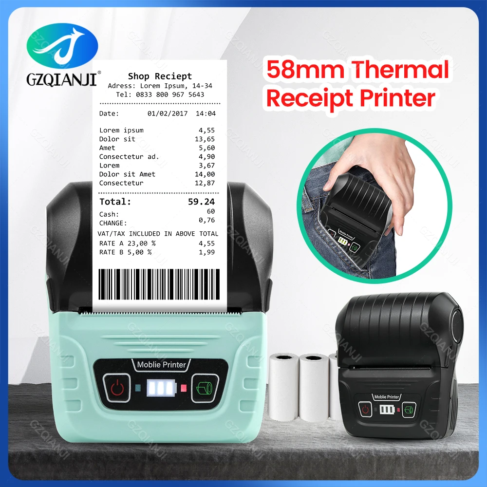 Smart Mini Portable Bluetooth Receipt Printer 58mm 2inch Wireless Thermal Printer Bill Maker Supermarkets Cash Ticket Machine PC