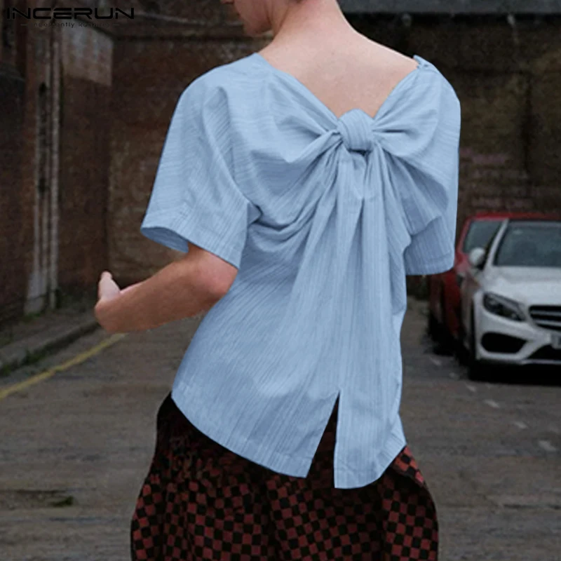 INCERUN الرجال تي شيرت مخطط س الرقبة قصيرة الأكمام Bowknot ملابس الرجال غير رسمية الشارع الشهير فضفاضة أنيقة للجنسين المحملة القمم الموضة