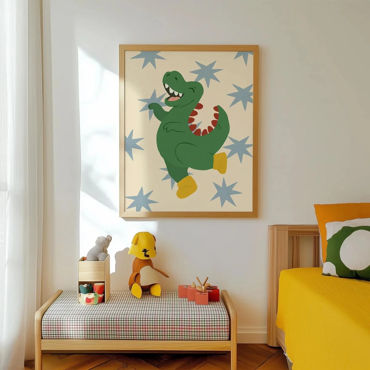 Moderner Cartoon-Dinosaurier mit Schuhen, Wandkunstdruck, Leinwandgemälde, Poster, Bild für Wohnzimmer, Kinderzimmer, Heimdekoration