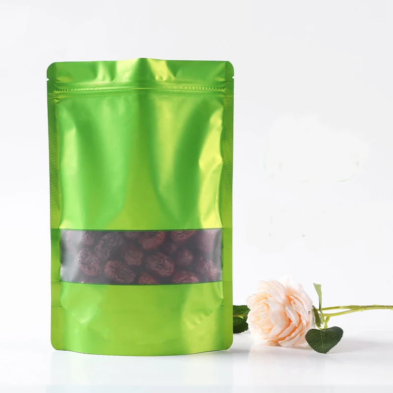 Solid Color Aluminum Foil Bag, Reusable Matte Vertical Food Packaging Bag with Display Window, Self Sealing Plastic Zipper Bag