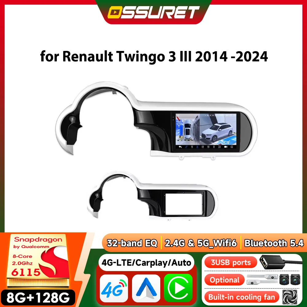 OSSURET Android Autoradio für Renault Twingo 3 III BCM 2014-2024 Kabelloses Carplay 2DIN Auto-Multimedia 6115 8-Kern GPS