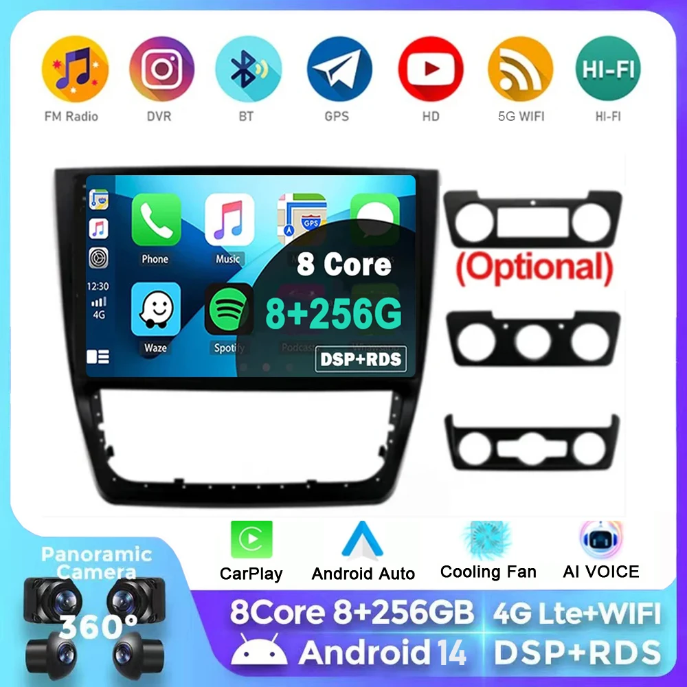 

For Skoda Yeti 5L 2009 2010 2011 2012 2013 2014 10 Inch 8-Core Android 14 Car Radio Stereo with Frame Auto Apple Carplay QLED