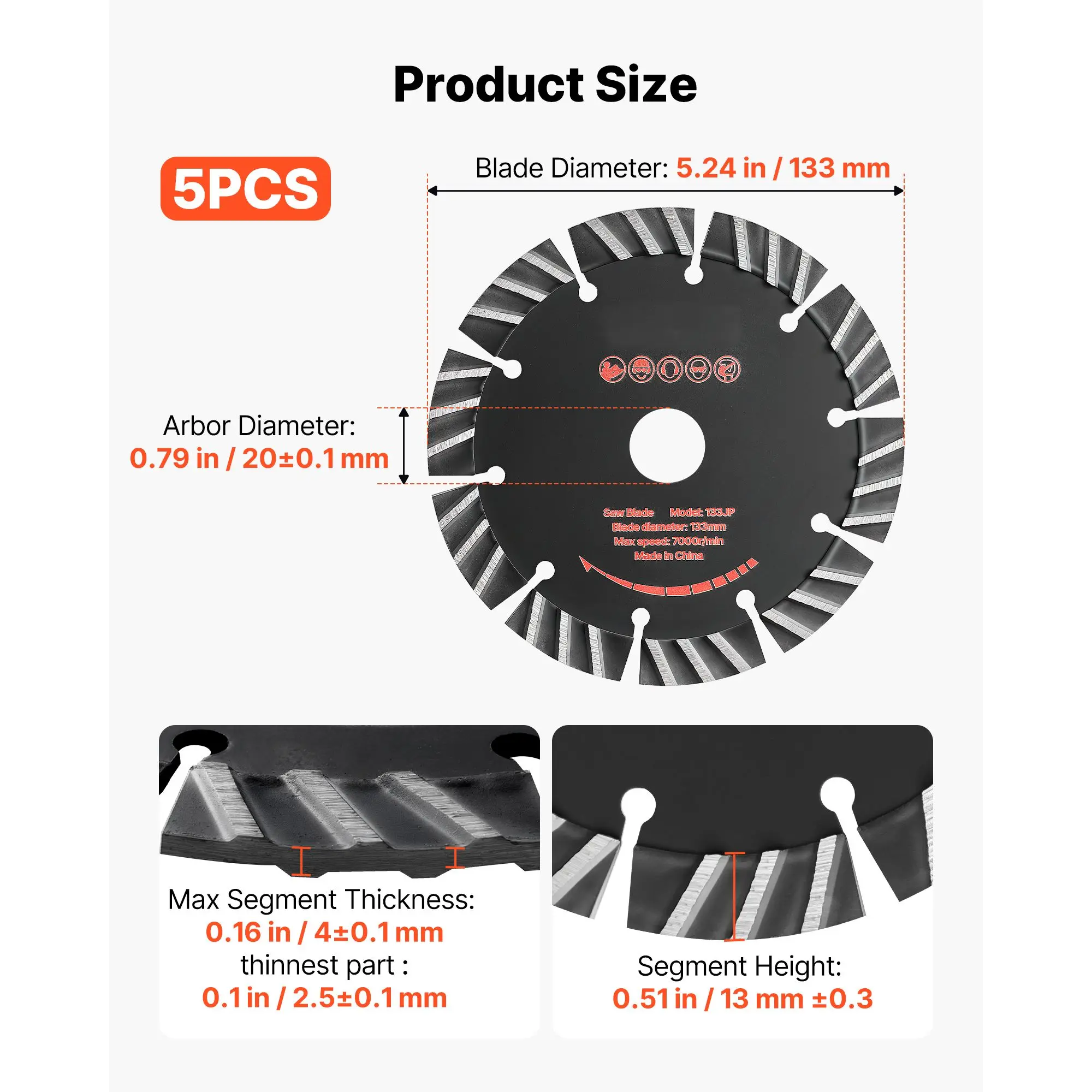 Diamond Blades 5.24 inch, 5-Pack Wall Chaser Saw Blade Cutting Blade, 0.79 in Arbor, High-Hardness Diamond Segments, 65Mn Steel Core, Dry Wet Cutting, Clean Edges for Concrete Brick Stone Cement