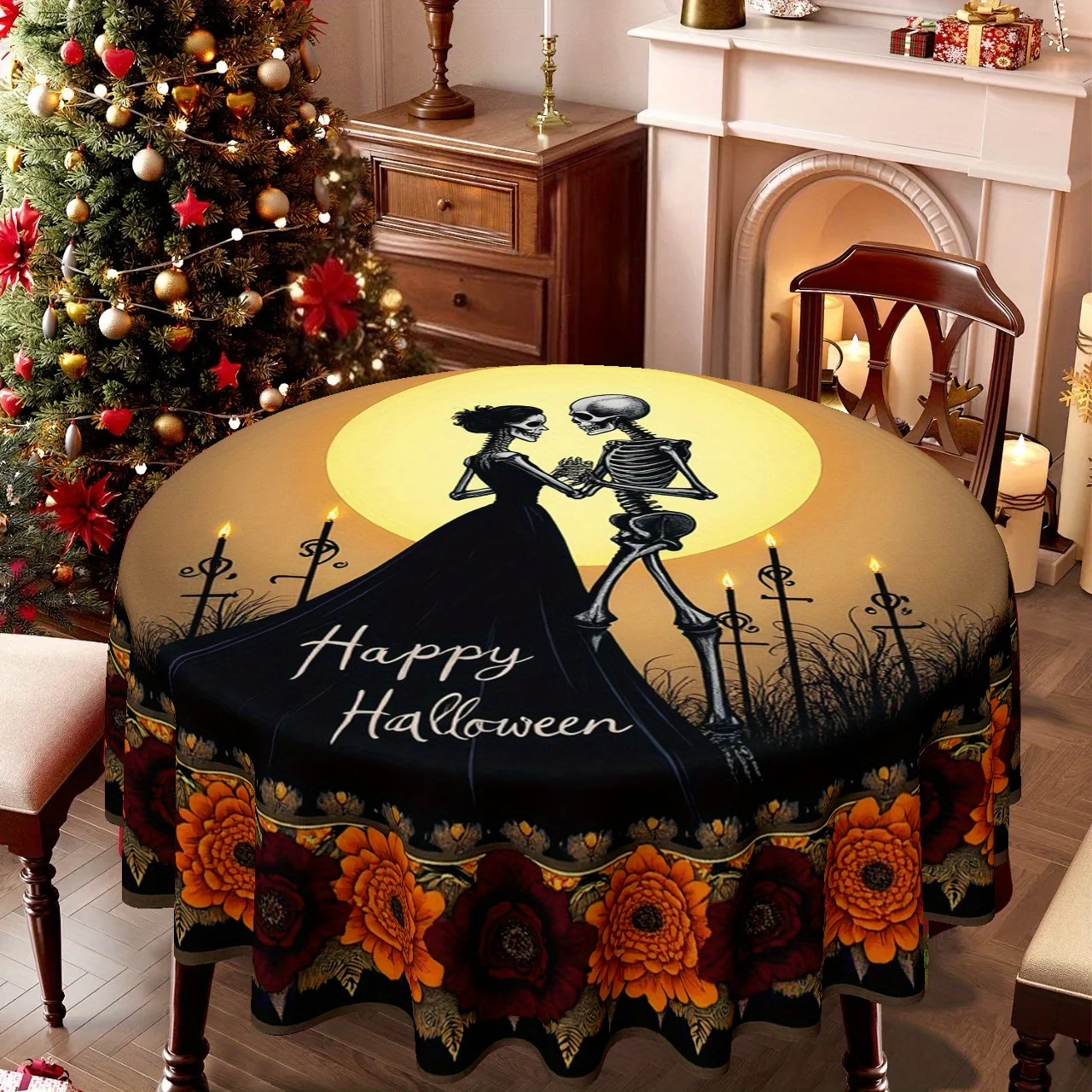 One circular tablecloth for Christmas and Halloween themes, depicting a pair of dancing skeletons under the moonlightzyc