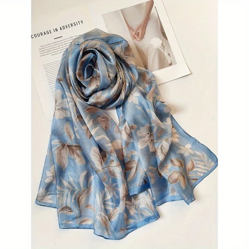 Lightweight Large 100% Mulberry Silk Scarf for Women Oblong Shawl Neck Scarf Beach Wrap Headscarf Gift Pack blue floral print