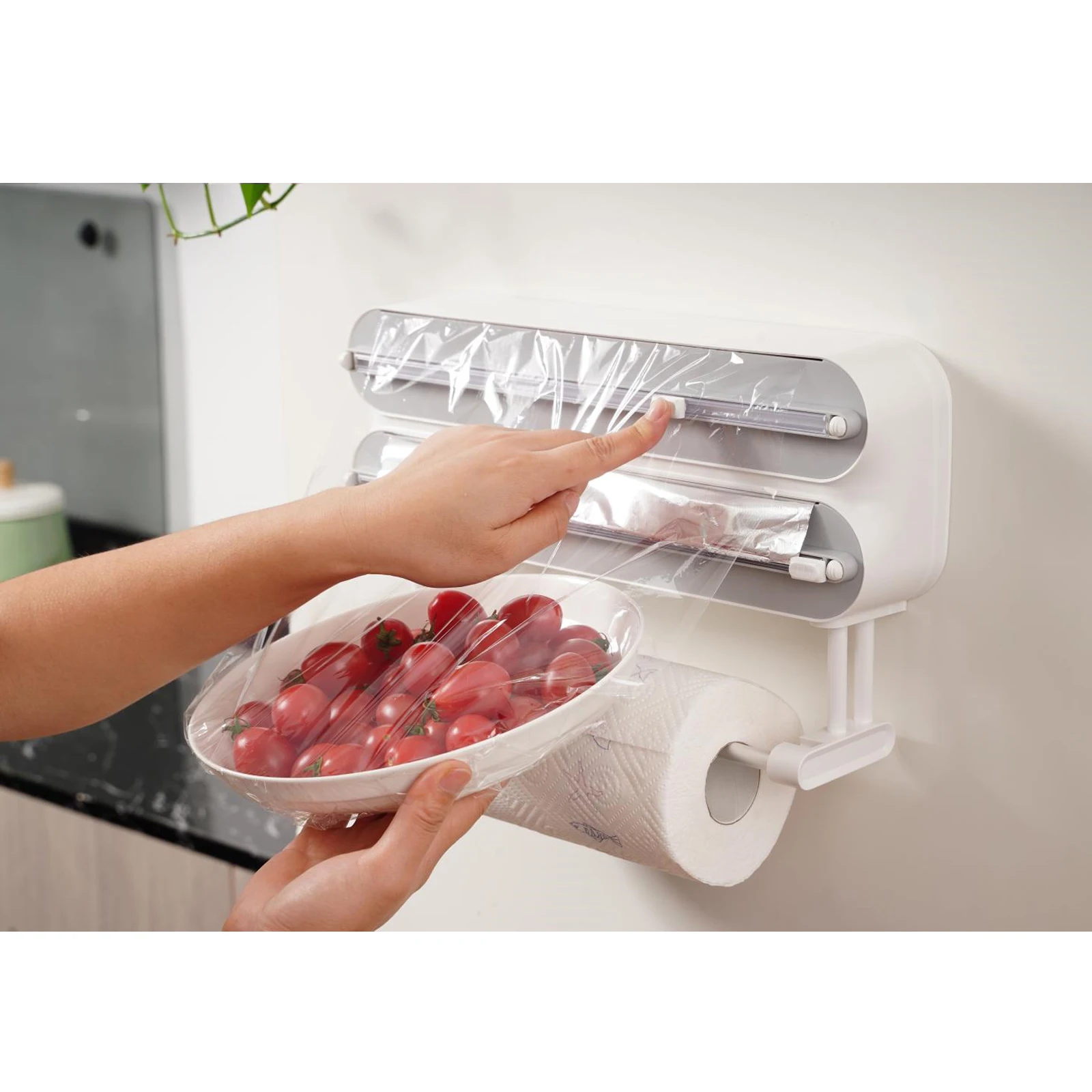 3 In 1 Aluminum Film Wrap Cutter WallMount Paper Towel Holder Cling Film Cutting Holder Plastic Wrap Dispenser Kitchen Organizer