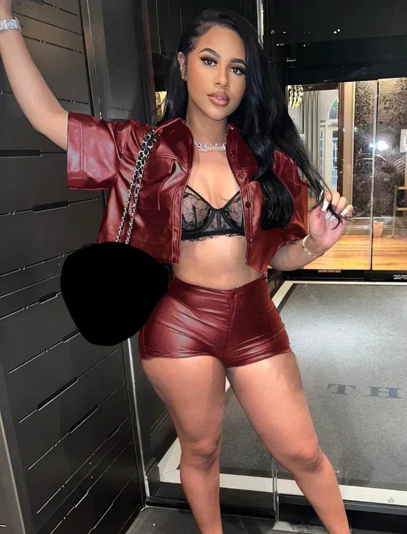 

GUWU Faux Leather Women's Set Short Sleeve Shirt and Shorts Suit 2024 Summer PU Street Two 2 Piece Set Outfits Tracksuit