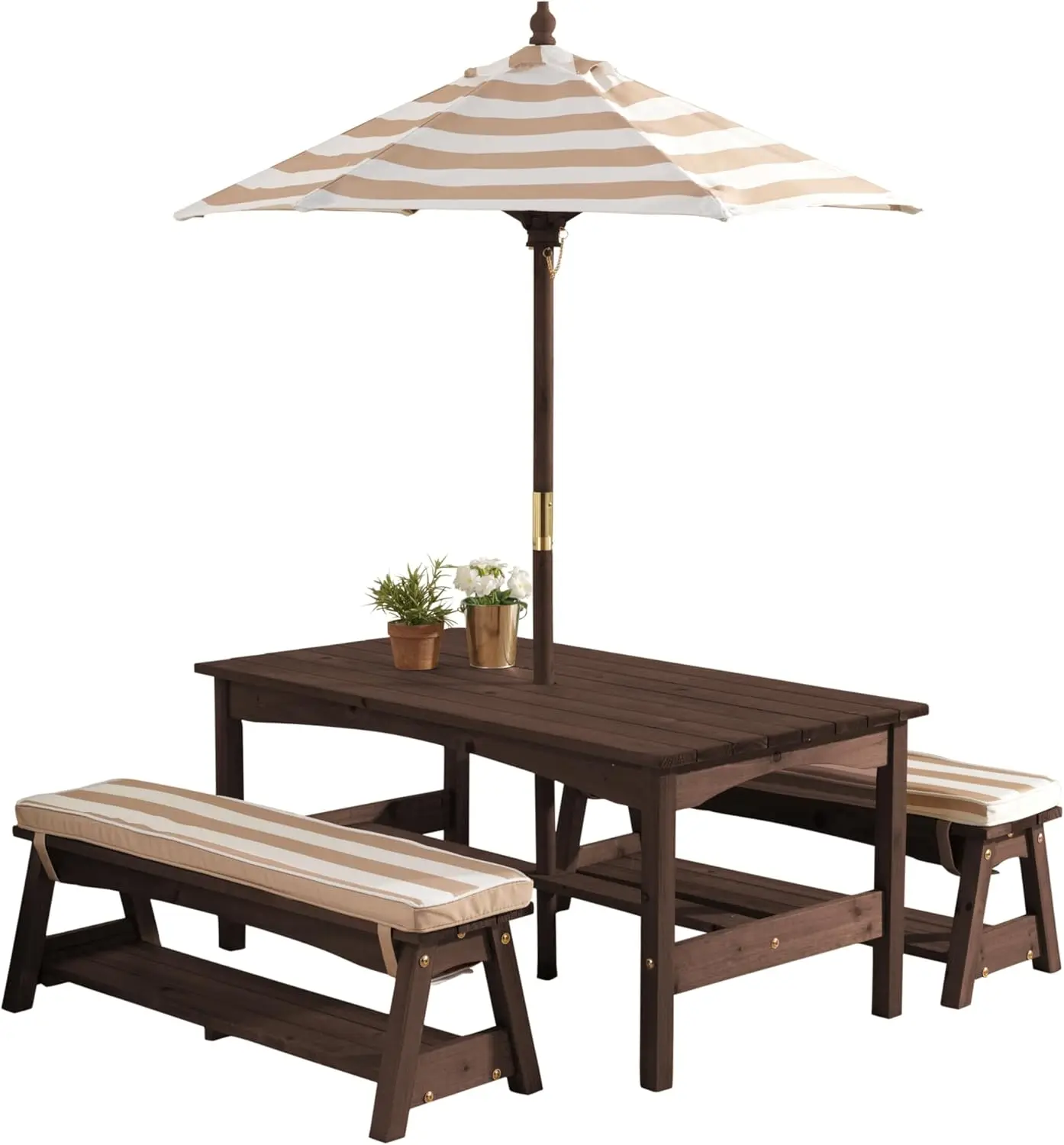 Kidkraft Outdoor Wooden Table & Bench Set With Cushions And Umbrella, Kids Backyard Furniture, Espresso With Oatmeal And White