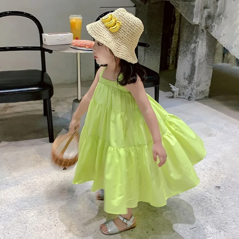 Summer New Kids Girls Large Hem Dress Children\'s Clothing Solid Dress Suspender Princess Dresses Cute Beach Clothing