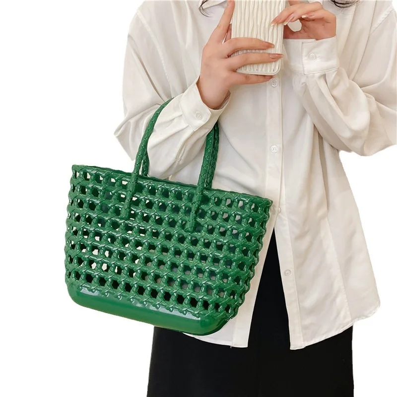 2024 New Vegetable Basket Summer Fashion PVC Handbag Hand Woven Bag Patchwork Striped Tote Beach Bags