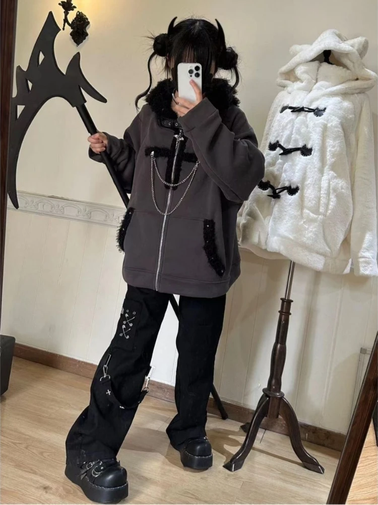 Japanese Kawaii Y2k Aesthetic Women Chain Gothic Cat Ears Hoodies Coat Patchwork Grunge  Hoody Harajuku Vintage Zip Sweatshirts