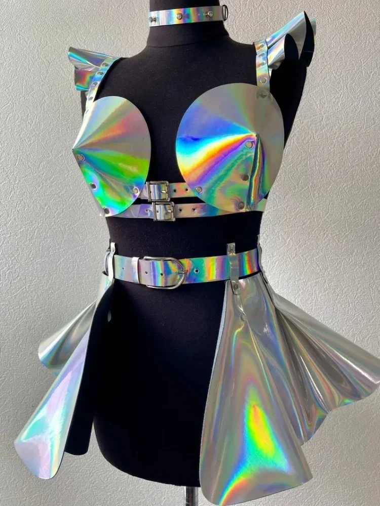 

Women's Pu Flying Sleeves Performance Costume Singer Adult Cosplay Space Ruffle Suspenders Gold Gothic Fashion Leather Costume