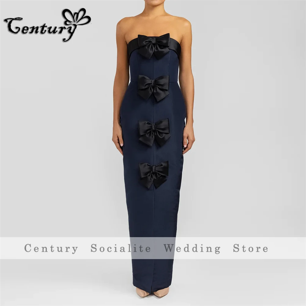 Sky Blue Prom Dress for Women 2024 Big Bow Strapless Backless Simple Satin Evening Party Gowns Formal Dresses Customized