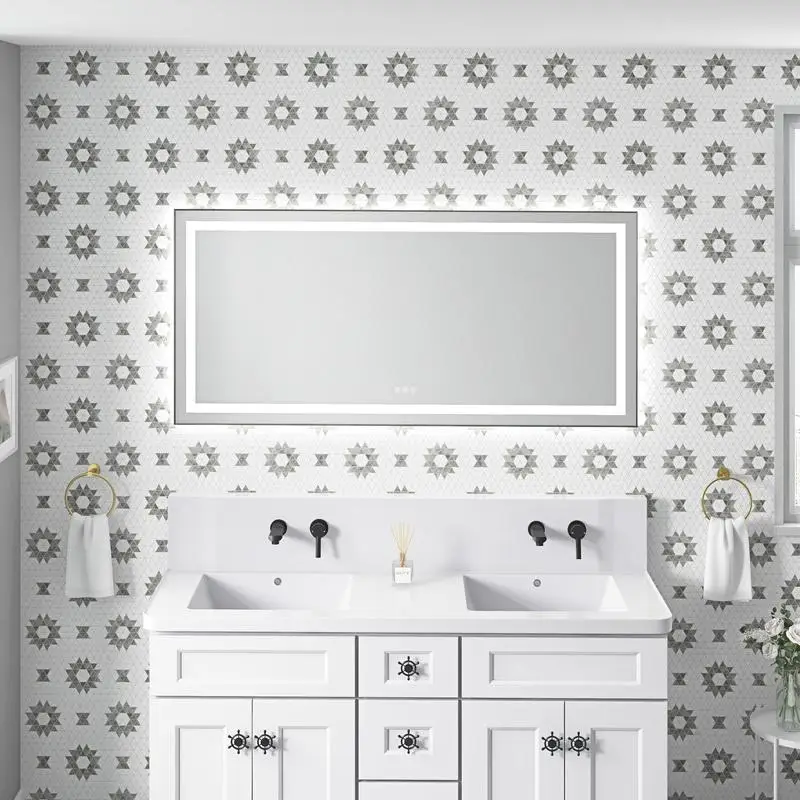 

60"x28" LED Bathroom Mirror, Wall-Mounted Vanity Mirror with Aluminum Frame, Anti-Fog, Memory Function, 3 Color Options,