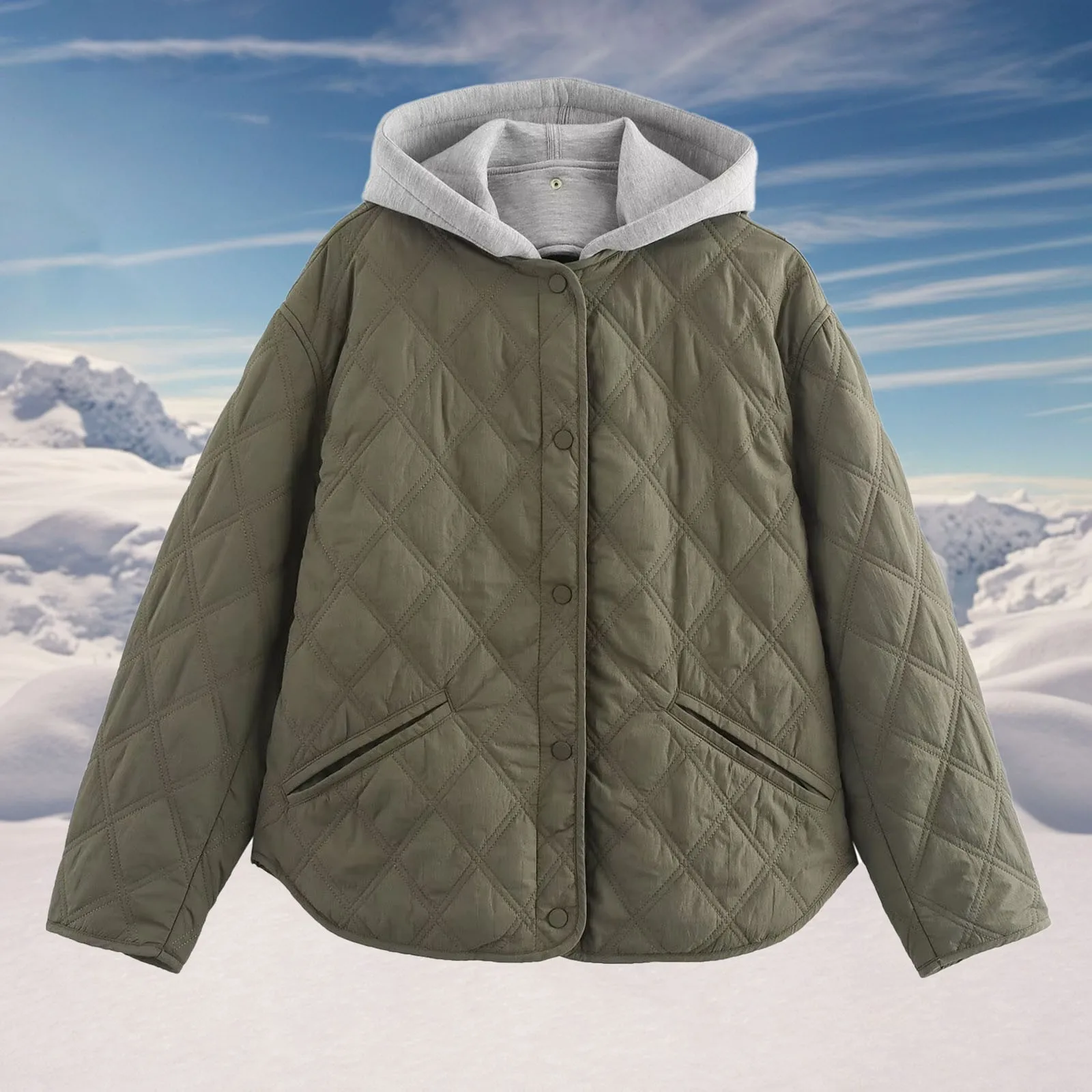 Women's Bomber Jacket Crop Quilted Jacket Green Hooded Padded Jacket Long Sleeve Zip Up Jacket Warm Winter Woman Coat