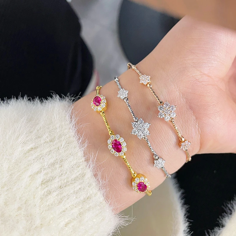 925 Silver Shiny Sunflower Zircon Elasticity Bracelets For Women Girls Sweet Flowers Star Jewelry Party Aesthetic Accessories