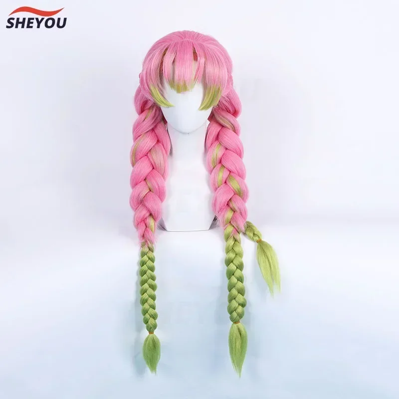 Hoge Kwaliteit Kanroji Mitsuri Cosplay Pruik Anime Lang Groen Roze Hittebestendig Synthetisch Haar Halloween Pruiken + Pruik Cap