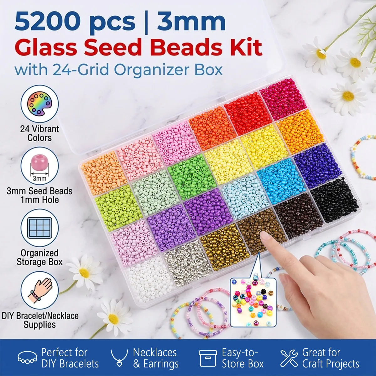 5200pcs 3mm Glass Seed Beads Kit 24 Grid Organizer Box for DIY Bracelet Necklace Earrings Jewelry Making Beading Supplies