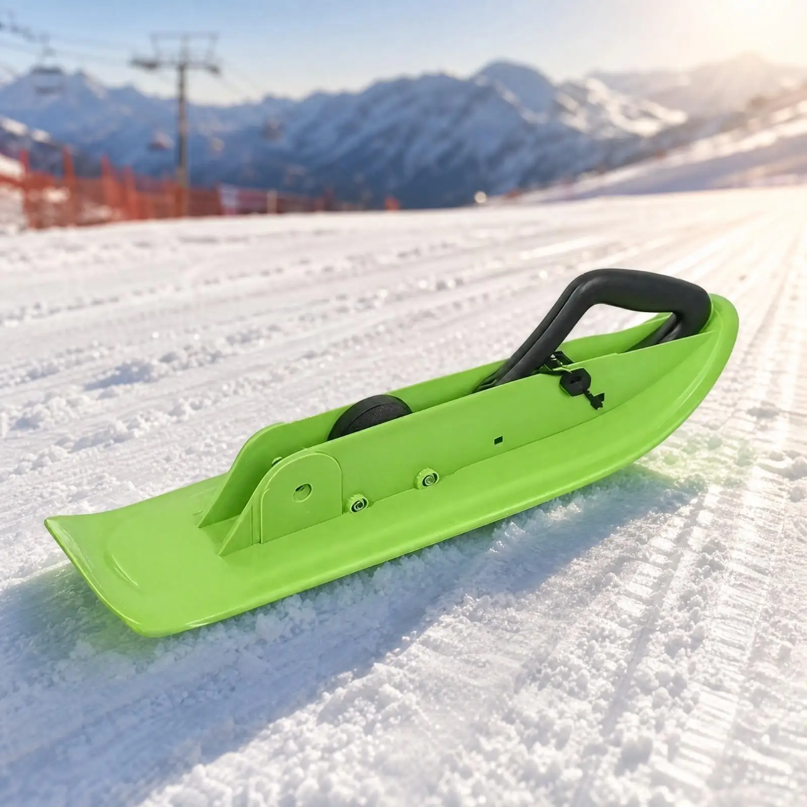 耐久性に優れた厚手の雪上スレッドボード。牽引ロープとハンドル付き。家族で楽しめる長持ちタイプ。