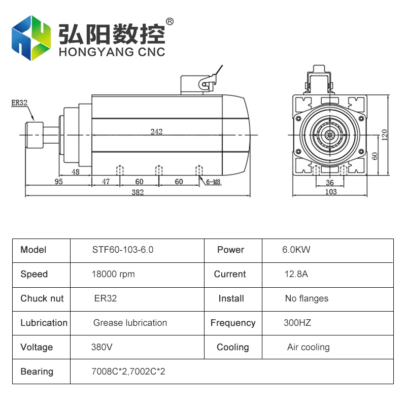 CNC 스퀘어 공랭식 스핀들 모터, CNC 라우터 조각 밀링 기계용, 6.0KW ER32, 220v, 380v, 18000rpm, 300HZ