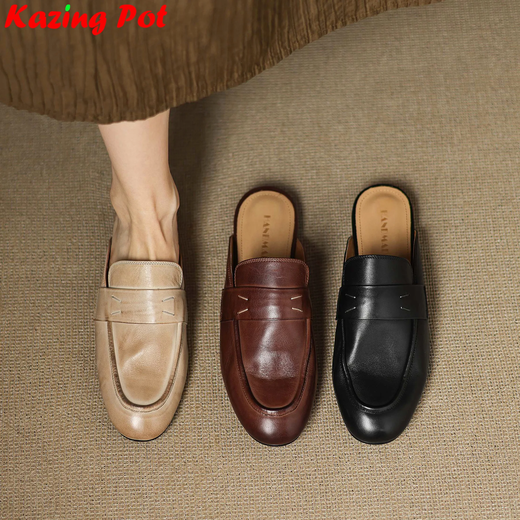 

Krazing Pot из коровьей кожи на низком каблуке, роскошные шлепанцы без шнуровки в стиле ретро, брендовые подиумные летние повседневные женские уличные тапочки