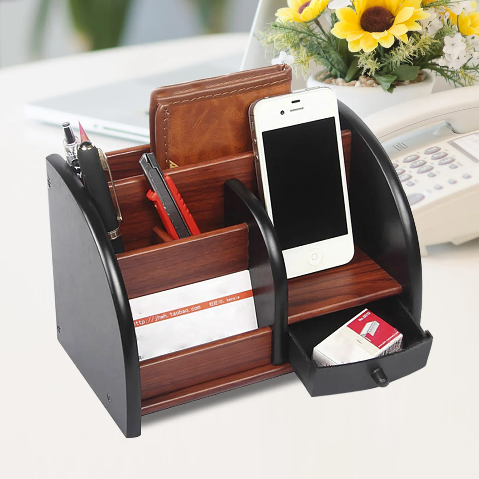 Stifthalter aus Holz mit 5 Fächern und Schublade, Vintage-Schreibtisch-Organizer für Schreibwaren, Büro, langlebiges Schwarz- und Holzdesign