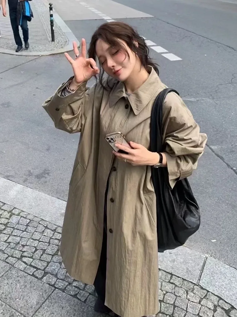 

Шикарное осеннее новое винтажное длинное повседневное женское пальто с лацканами на одной пуговице, куртка, верхняя одежда, обычное тонкое пальто