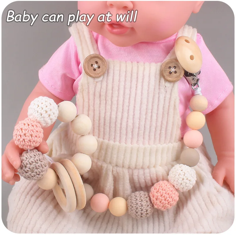 2Pcs Pacifier Clips Elephant Wooden Clip Geometric Crochet Beads Bag Wood Teether  for Baby Pacifier Holder Dummy Clips