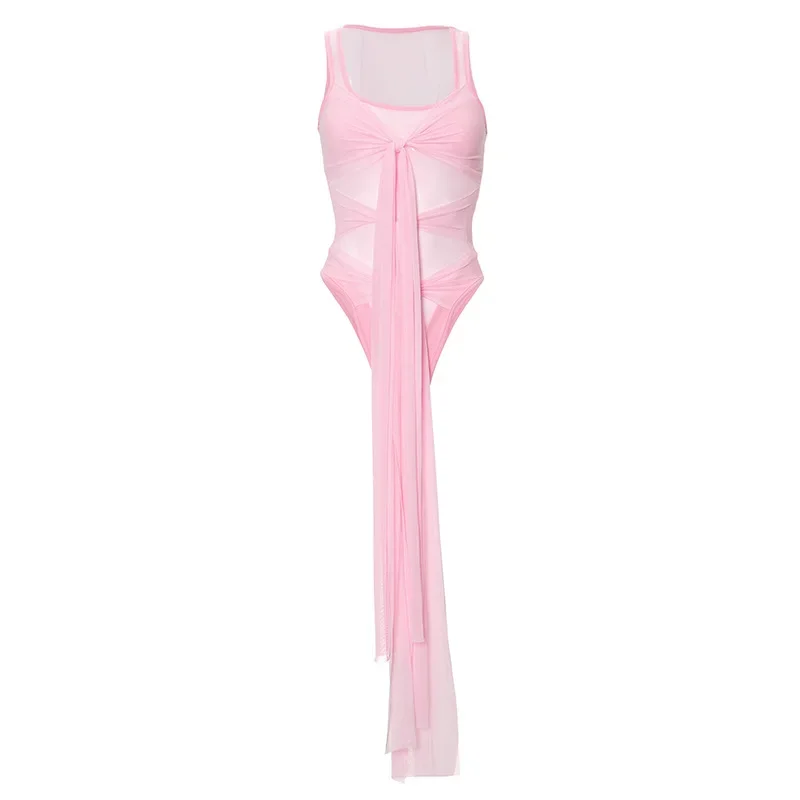 Sexy Schattige Vrouwen Roze Mesh Bodysuits Bikini Strandkleding Slanke Rompertjes Bandage Bodysuit Party Swim Outfits Vakantiejassen