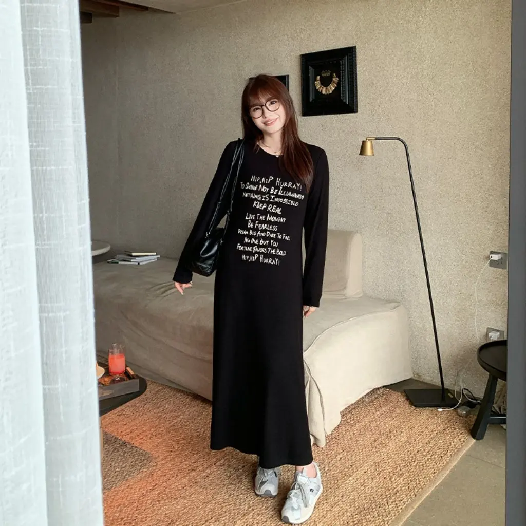 

plus Size Women's Double-Sided Brushed round Neck Long-Sleeved Slimming Look Printed Dress Autumn Bottoming Long Skirt