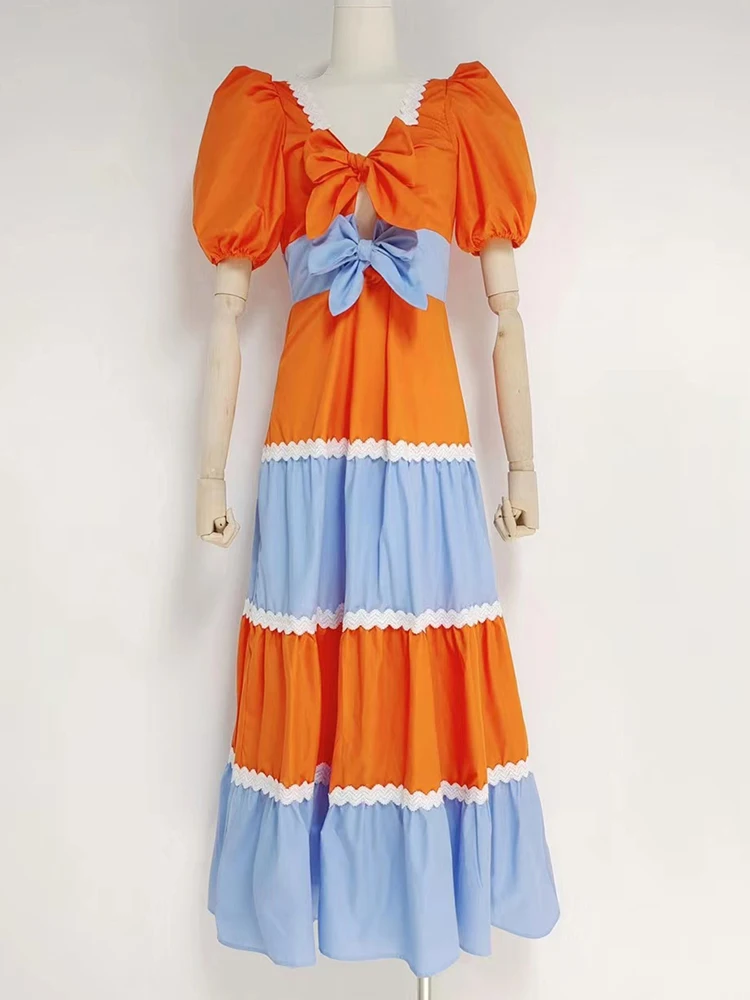 VGH-Robe à Découpes pour Femme, Col Carré, Manches Courtes Bouffantes, Taille Haute, Longueur au Sol, Style d'Été, 2025