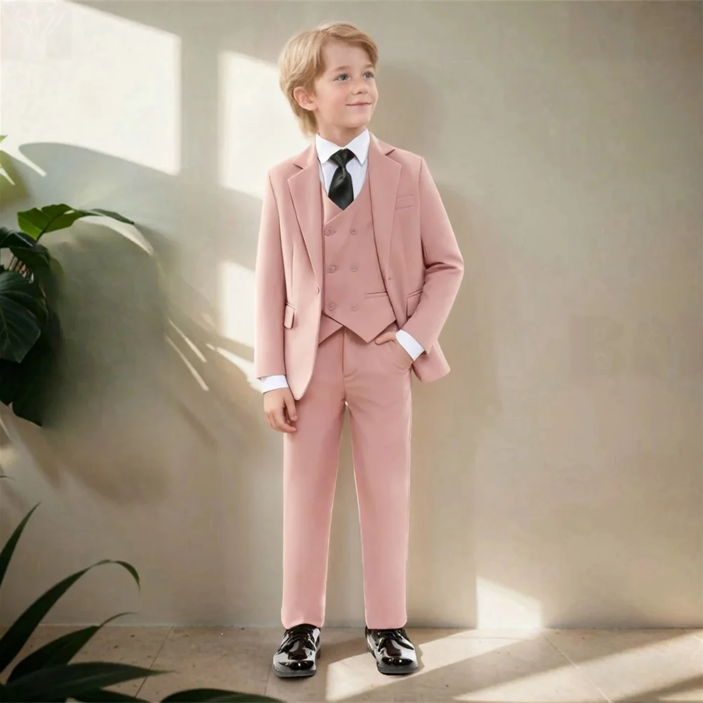 

Boys' Pink Formal Suit Set with Notch Lapel Blazer Long-Sleeved Formal and Stylish Suit Set for Wedding and Birthday Party